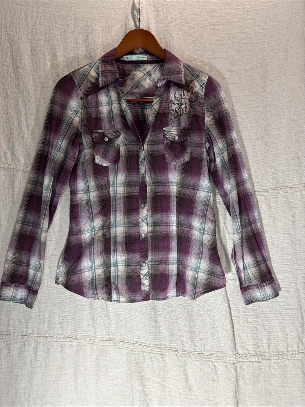 Maurices Purple and White Plaid Snap-Front Shirt 100% Cotton